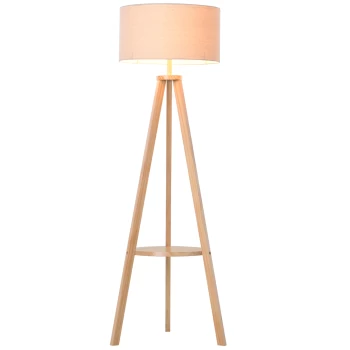 Image of HOMCOM Free Standing Floor Lamp, 50Lx50Wx154H cm-Beige/Natural Wood Colour