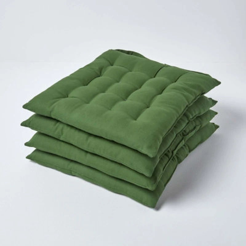 Image of Homescapes Plain Seat Pad with Button Straps, 40 x 40cm, Set of 4 Dark Olive