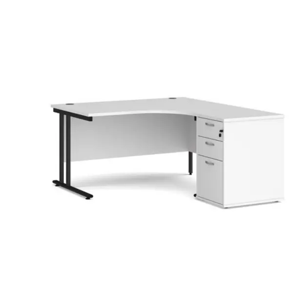 Image of Office Desk Right Hand Corner Desk 1400mm With Pedestal White Top With Black Frame Maestro 25
