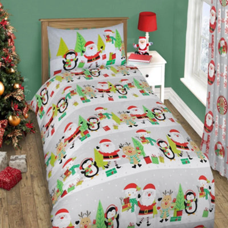 Image of Velosso Whimsical Gnome Print Duvet Cover & Pillowcase Set, Christmas Bedding, Button Enclosure, Machine Washable Holiday Bed Linen - Red