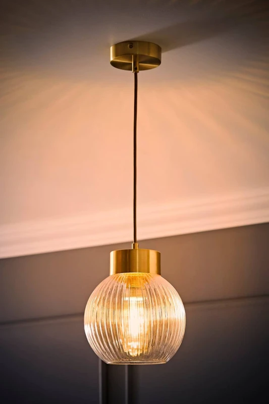 Image of ValueLights Maddison Ribbed Glass Shade Metallic Cap Ceiling Pendant Light & Bulb in Gold Gold Unisex