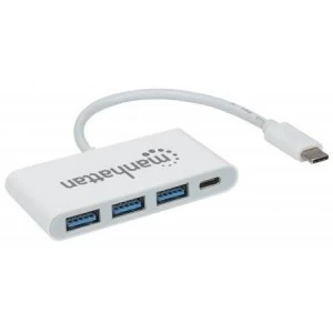 Image of Manhattan USB-C 4-Port Hub/Dock/Converter USB-C to USB-C (with Power Delivery) and 3x USB Type-A 5 Gbps (USB 3.2 Gen1 aka USB 3.0) Male to Females Whi