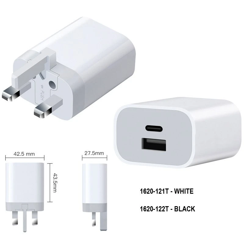 Image of FDL 2 PORT 1 USB-A & 1 USB-C UK TRAVEL CHARGER 20W - WHITE