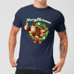 Image of Nintendo Donkey Kong Diddy Kong Merry Christmas Wreath Thumbs Up T-Shirt - Navy - XL