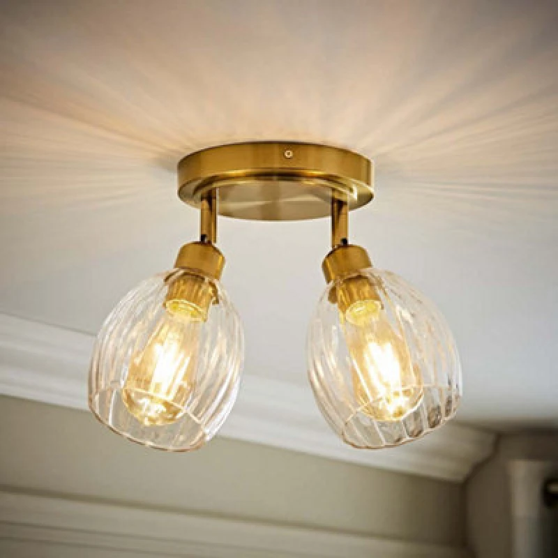 Image of ValueLights ValueLights Cheltenham 2 Way Ribbed Glass Adjustable Spotlight Flush Ceiling Light in Gold Gold One Size Unisex 5016529274599