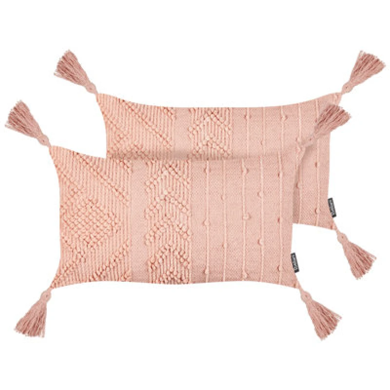 Image of Beliani Set Of 2 Decorative Cushions Valvaria Cotton 30 X 50 Cm Peach Pink Chevron Pattern