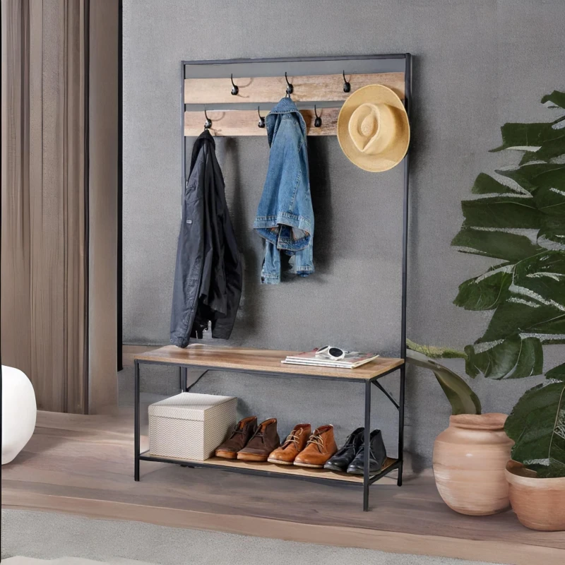 Image of Rafaelo Mobilia Industrial Coat Rack Stand With 2 Shelves & 7 Hooks in Natural Natural Unisex
