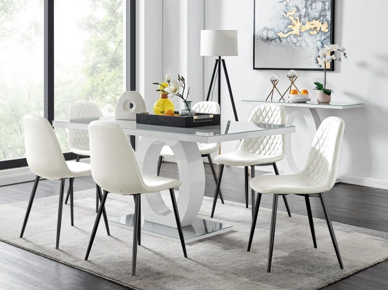Image of FurnitureboxUK Giovani 6-Seater Grey Glass Dining Table & 6 Corona Faux Leather Dining Chairs in White White Unisex