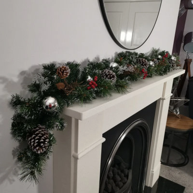 Image of Samuel Alexander Premier 180Cm (6ft) Festive Silver Dressed Christmas Garland With Berries Pinecones And Silver Baubles