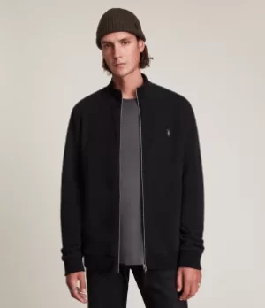 Image of AllSaints Mens Raven Zip Through Sweatshirt, Black, Size: L
