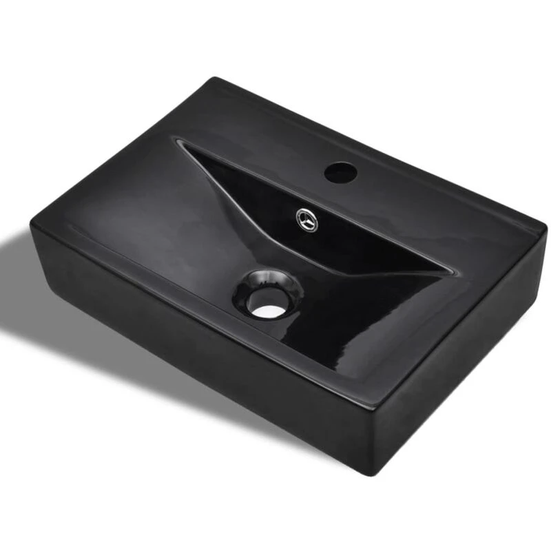 Image of vidaXL Ceramic Bathroom Sink Basin Faucet/Overflow Hole Black Rectangular Bath