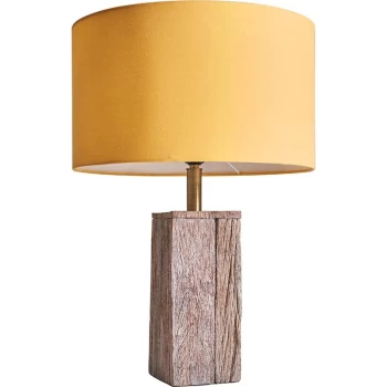 Image of Natural Wooden Block Design Table Lamp with Large Lampshade - Mustard