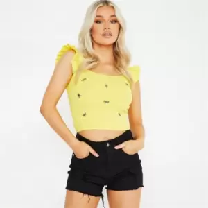 Image of I Saw It First Petite Knitted Floral Embroidered Frill Detail Crop Top - Yellow
