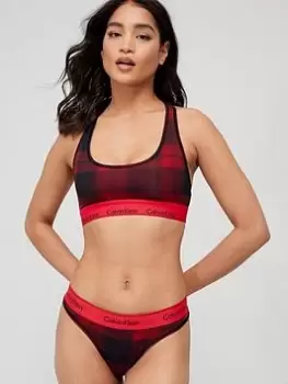 Image of Calvin Klein Modern Cotton Unlined Bralette And Thong Gift Boxed Set - Red Check, Red Size M Women