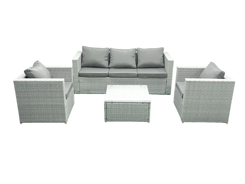 Image of Fimous 5 Seater Rattan Garden Furniture Set with 3 Seater Sofa 2 Chair Square Coffee Table Light Grey Mixed Light Grey