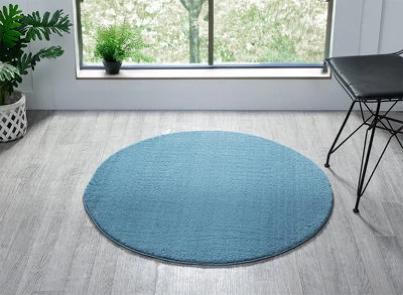 Image of Comfy Washable Low Pile Living Room Area Rug - Anti Slip Felt Backing Teal 100Cm Diameter