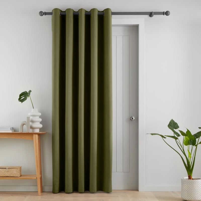 Image of Catherine Lansfield Wilson Velvet Thermal Ready Made Eyelet Door Curtain Olive