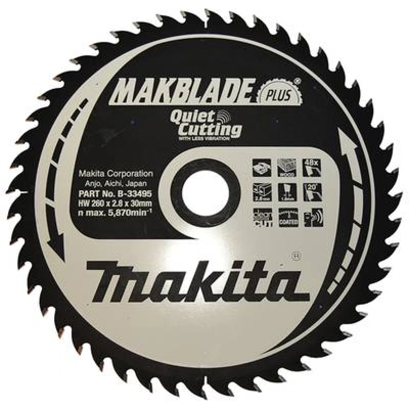 Image of Makita Makita MAKBLADE+ B-33495 Carbide metal circular saw blade 260 x 30 x 1mm Number of cogs: 48 B-33495