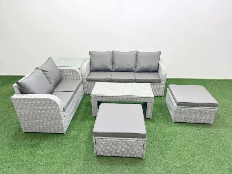 Image of Fimous 7 Seater PE Rattan Wicker Garden Furniture Patio Conservatory Sofa Set with Oblong Coffee Table 3 Seater Sofa Love Sofa 2 Big Footstool Side Ta