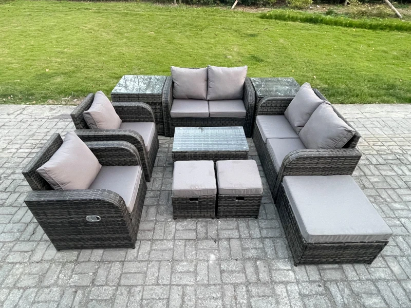 Image of Fimous 9 Seater Rattan Garden Furniture Set Patio Outdoor Lounge Sofa Set with Rectangular Coffee Table 3 Footstools Love Sofa 2 Side Tables Dark Grey