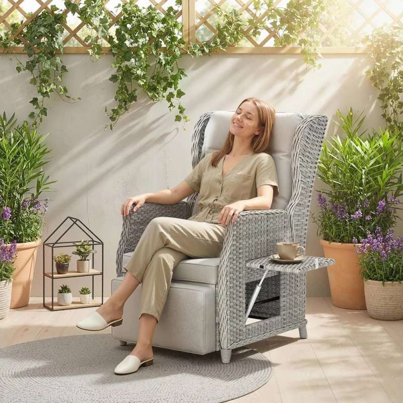 Image of OUTSUNNY Rattan Garden Recliner Chair with Flip Table, Light Grey Light Grey Unisex
