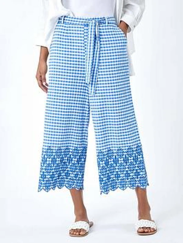 Image of Roman Womens Gingham Cotton Broderie Cropped Trousers in Blue Size: 18 Blue Female 18