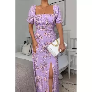 Image of I Saw It First Lilac Floral Print Short Puff Sleeve Midi Dress - Purple