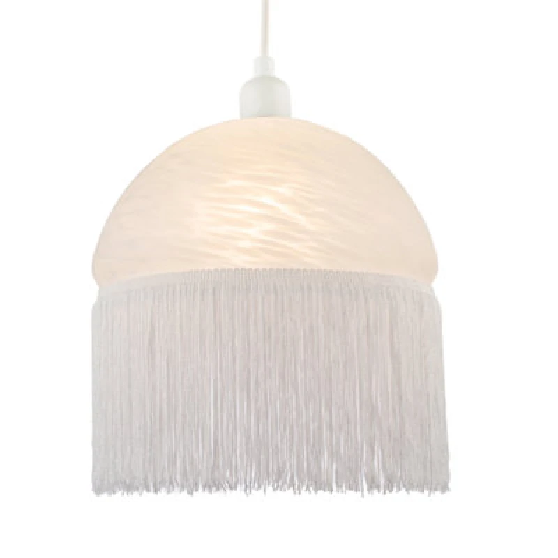 Image of Happy Homewares Traditional Opal White Domed Glass Pendant Shade With Long Tassels