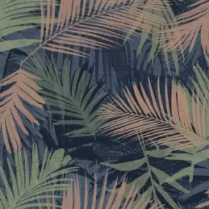 Image of Boutique Jungle Glam Blue, Copper & Green Leaves Smooth Wallpaper