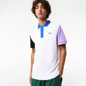 Image of Mens Lacoste Regular Fit Colour-block Cotton Petit Pique Polo Size 3 - S White / Black / Purple / Blue