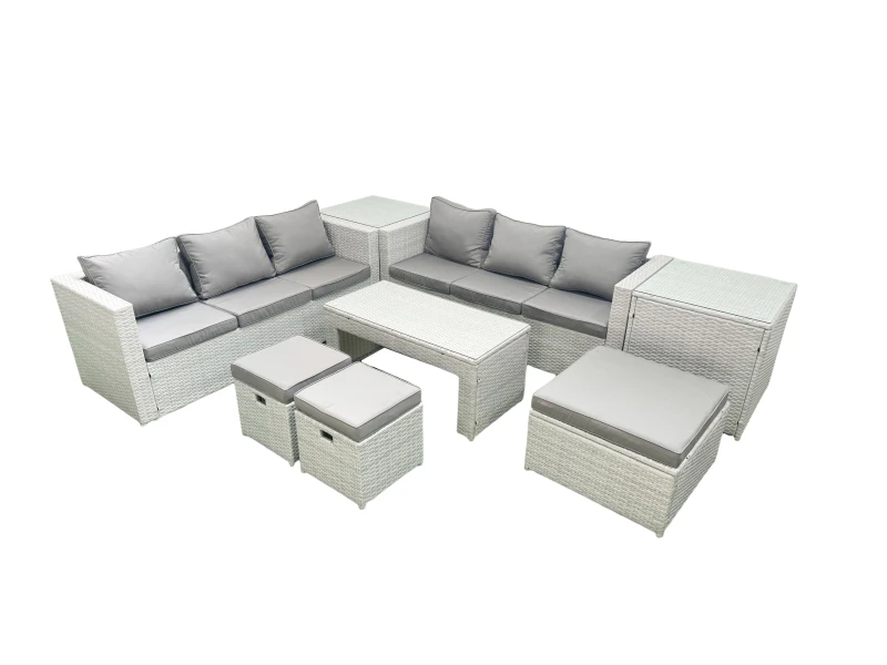 Image of Fimous 9 Seater Garden Outdoor Rattan Furniture Set Rattan Garden Sofa Oblong Coffee Table with 3 Footstools 2 Side Tables Light Grey Mixed Light Grey