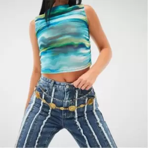 Image of Missguided Scenic Print Crew Neck Sheer Mesh Top - Multi