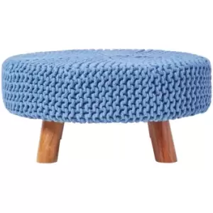 Image of Blue Large Round Cotton Knitted Footstool on Legs - Blue - Homescapes