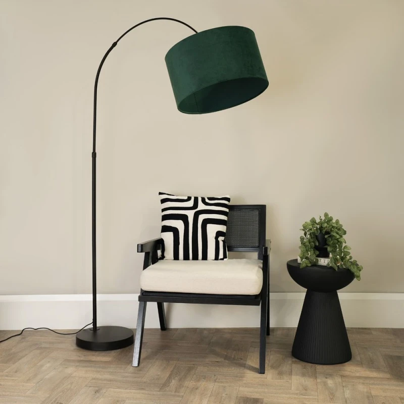 Image of ValueLights Louis Black Arched Curved Floor Lamp with Velvet Drum Lamp Shade Bottle Green