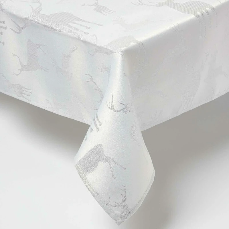 Image of Homescapes Stag Christmas Table Cloth, 132 x 178cm Silver