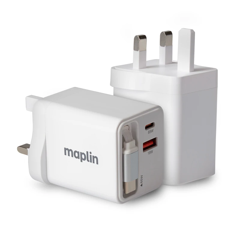Image of Maplin USB Wall Charger 65W 2 Port 1x USB-A 1x USB-C + Built-in Retrac