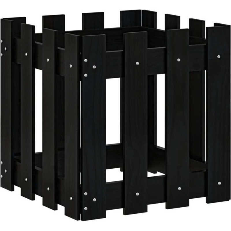 Image of vidaXL Garden Planter w/ Fence Design Black 40x40x40cm Solid Wood Pine, Black 832449