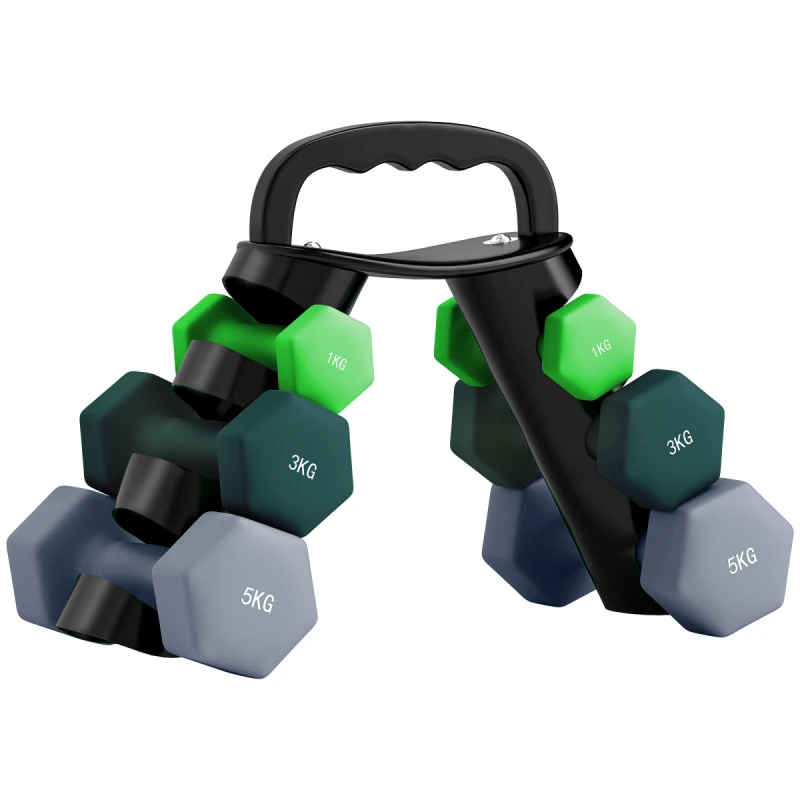 Image of SPORTNOW SPORTNOW Dumbbells Set with Storage Rack, 2 x 1kg, 2 x 3kg, 2 x 5kg - Light green, turquoise and grey