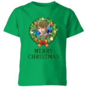 Image of Nintendo The Legend Of Zelda Merry Christmas Wreath Kid's T-Shirt - Kelly Green - 3-4 Years
