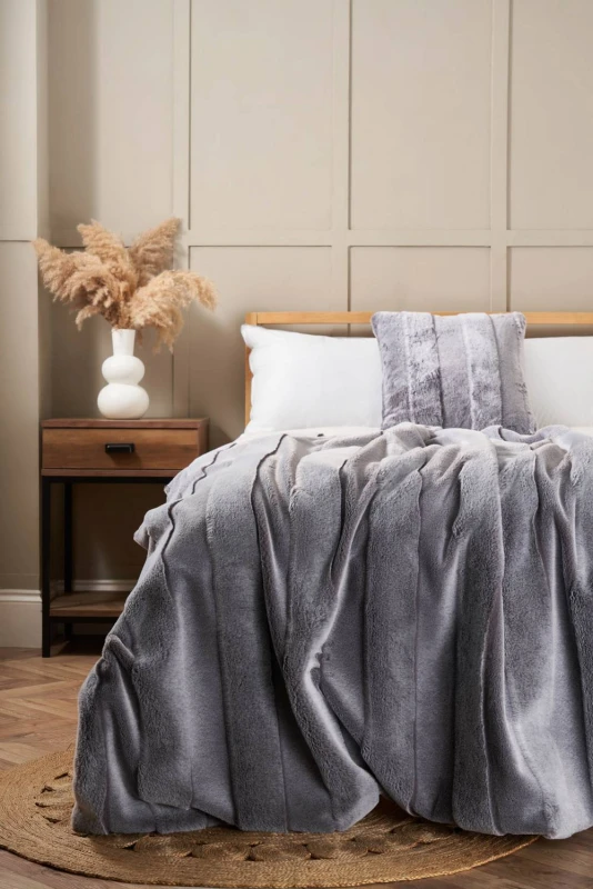 Image of BHS Faux Fur Stripe Throw in Grey Grey Unisex