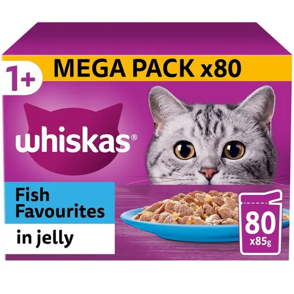 Image of Whiskas 1+ Adult Fish Favourites in Jelly Cat Food 80 x 85g