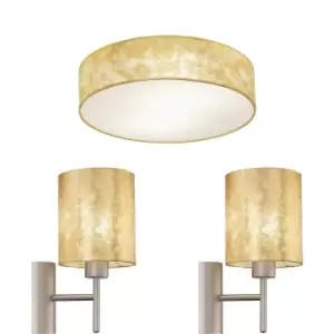 Image of Low Ceiling Light & 2x Matching Wall Lights Gold Fabric Round Trendy Lamp Shade