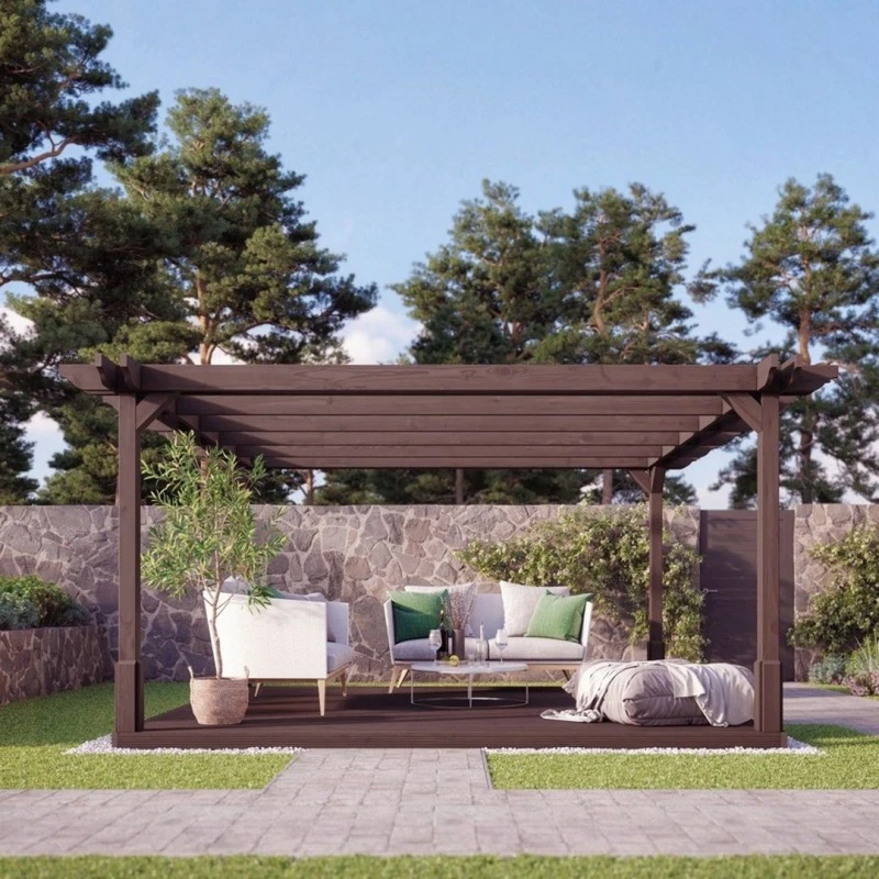 Image of Rutland County Garden Furniture Double Premium Pergola And Decking Kit - Wood - L240 X W240 Cm - Rustic Brown