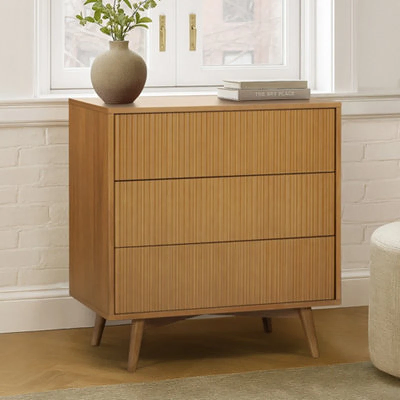 Image of Teamson Home Tremolo Chest Of Drawers 3 Fluted Push-Open Drawer Bedroom Dresser, Natural