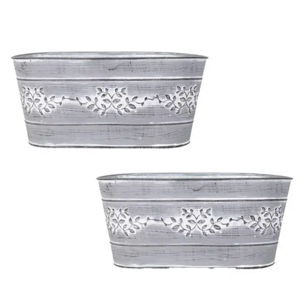 Image of YouGarden Pair of Leafy Vine Tin Troughs (26.5cm) - Zinc 12.5x26.5x Metallics 40487669000