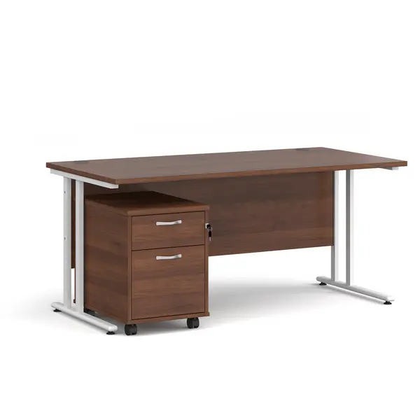Image of Maestro 25 Straight Desk with White Cantilever Frame and 2 Drawer Pedestal - Walnut - 1600mm x 800mm