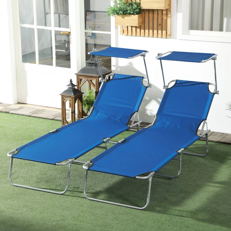 Image of Outsunny Folding Sun Lounger Set of 2 w/ Sunshade Adjustable Backrest Blue 84B-001V01BU