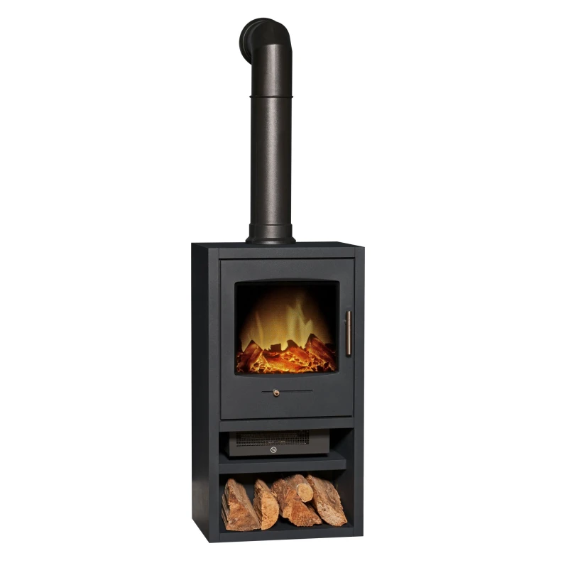 Image of Adam Fires & Fireplaces Adam Bergen Xl Electric Stove In Charcoal Grey With Tall Angled Stove Pipe In Black One Colour VQYFW Unisex