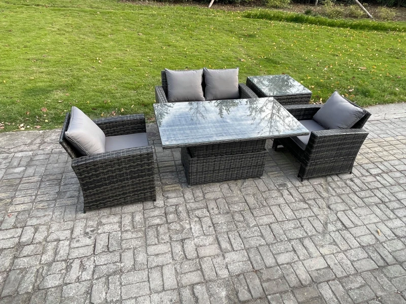 Image of Fimous Outdoor Garden Dining Sets 4 Seater Rattan Patio Furniture Sofa Set with Rising Lifting Table Side Table in Dark Grey Dark Grey Unisex