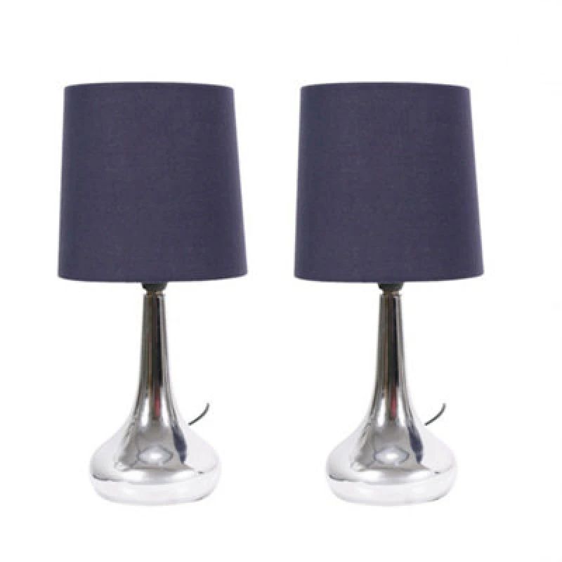 Image of ValueLights ValueLights Teardrop Pair Compact Fabric Shades Brushed Chrome Touch Table Lamps in Navy Navy One Size Unisex 5016529269489